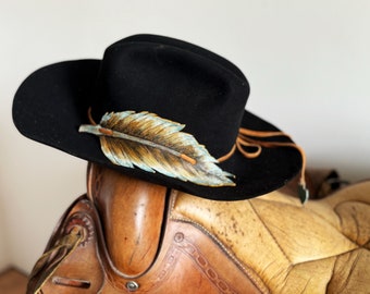Turquoise gold black hand tooled Leather feather hat band, hand painted, cowboy, cowgirl, rodeo fashion, hat accessories, hand painted, boho