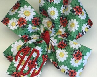 Lady Bug & Daisy Monogram Initial Girls Hair Bow in large size thread embroidered.  Personalized Barrettes for Girls Summer Time