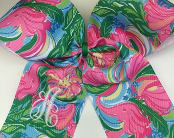 Boutique Floral, Hair Bows, Elephant Tropical, Summer Monogram, Initial Hairbow, Kids Teen, Long Tails, Customzied gift, Personalized girls