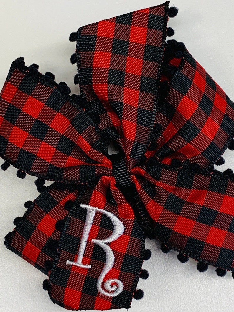 Buffalo Check Red Black Gingham plaid Girls Bows Boutique Hair Bow Fast Shipping Pom Pom Monogram Medium Size Christmas Any Initial