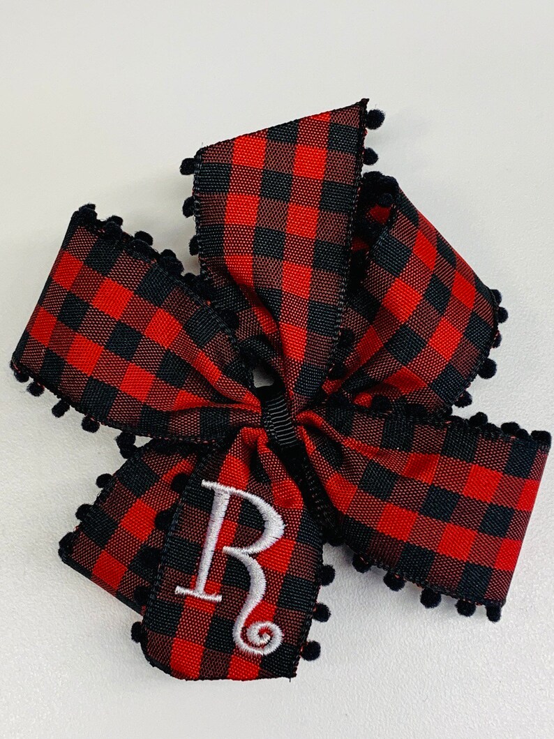 Buffalo Check Red Black Gingham plaid Girls Bows Boutique Hair Bow Fast Shipping Pom Pom Monogram Medium Size Christmas Any Initial