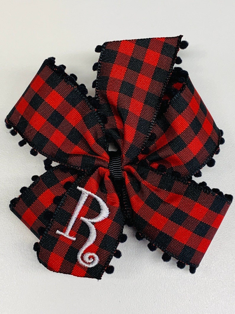 Buffalo Check Red Black Gingham plaid Girls Bows Boutique Hair Bow Fast Shipping Pom Pom Monogram Medium Size Christmas Any Initial
