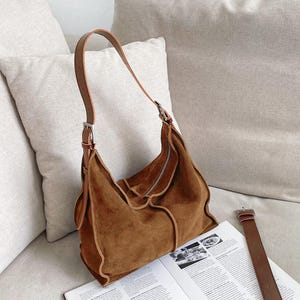 Suede Tote Bag,Genuine Leather Shoulder Bag,Minimal Suede Totes