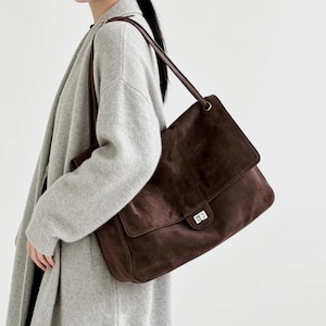 Bolso de mano de ante, bolso tote de piel auténtica, bolso de hombro clásico