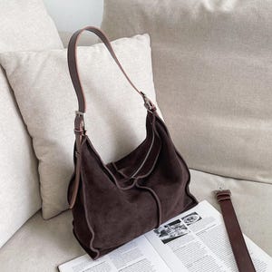Suede Tote Bag,Genuine Leather Shoulder Bag,Minimal Suede Totes