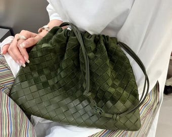 Suede Woven Bag,Drawstring Shoulder Bag,Genuine Leather Bag,Slouchy Suede Bag