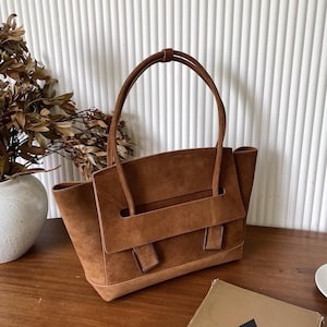 Suede Tote Bag,Genuine Leather Handbag,Minimal Design Shoulder Bag