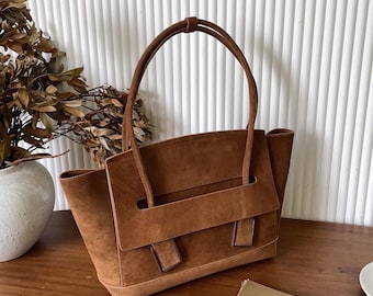 Suede Tote Bag,Genuine Leather Handbag,Minimal Design Shoulder Bag