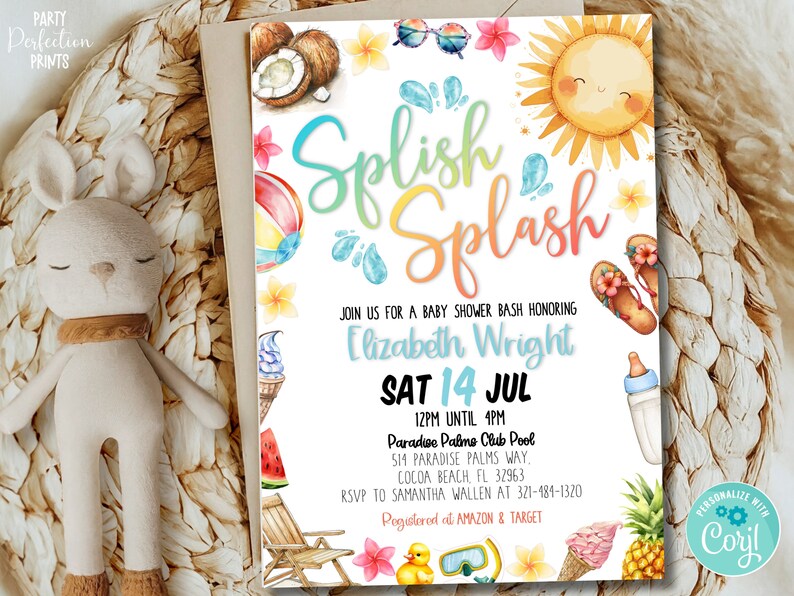 Editable Splish Splash Baby Shower Bash Invitation Cards Tickets. Girl ...