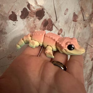 May include: A small, multi-colored, segmented toy lizard with a pink, yellow, and green color scheme. The toy has a textured surface and large, black eyes.