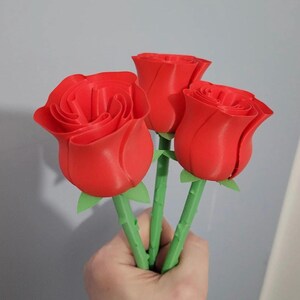 Puede incluir: Tres tallos de rosas rojas con tallos y hojas verdes. Las rosas son de un color rojo vibrante, con p&eacute;talos detallados. Los tallos se sostienen en una mano, sobre un fondo gris. Las rosas parecen estar impresas en 3D.