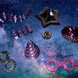 May include: An assortment of 3D-printed objects in various shapes and colors, including a star, a spiral, and a gear-like design. The objects are in shades of purple, black, and silver, set against a starry background.