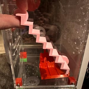 May include: Pink plastic stairs for a small animal cage. The stairs are in a clear plastic cage with a red plastic ramp.