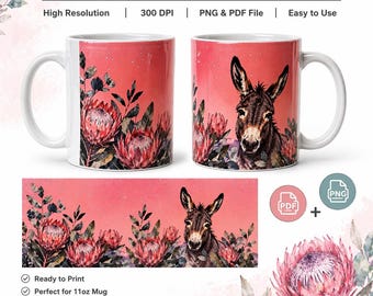 Tazza con design a sublimazione a forma di asino e protea / Decorazione con animale da fattoria ad acquerello (PNG PDF)