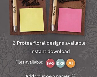 Porta post-it personalizzato, file per taglio laser / Organizer da scrivania con motivo floreale di protea (SVG, DXF, AI)