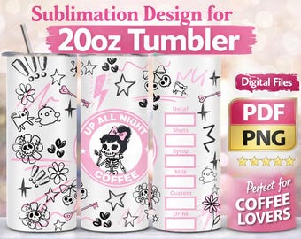 Adesivo per bicchiere da caffè con scheletro / Design "Goth Up All Night" per sublimazione (download digitale)