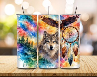 Adesivo per bicchiere con lupo, aquila e acchiappasogni / Design tribale ad acquerello con foresta (Download digitale)