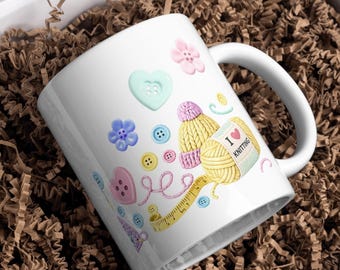 Stampa a sublimazione su tazza con motivo gomitoli di lana, bottoni e uncinetti (download digitale)
