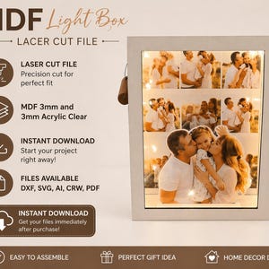 May include: A light gray MDF light box with family photos and string lights. The text on the box reads "MDF Light Box" and "Laser Cut File." The design includes laser cut files for instant download.
