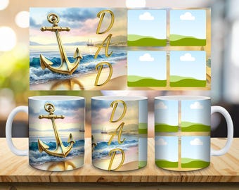 Modello per sublimazione "Papà Nautico" per tazze / Ancora da spiaggia e barca a vela (modificabile su Canvas)