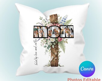 Cuscino con foto della mamma, design a sublimazione / Croce floreale, ricordo di famiglia (download digitale)