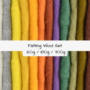 Op de afbeelding: Een collectie van veelkleurige viltwolstroken verticaal gerangschikt in tinten wit, grijs, geel, oranje, roest, paars, groen, olijf en bruin. Een wit label in het midden toont de tekst Felting Wool Set 120g / 180g / 300g.