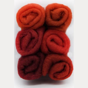 May include: Six rolls of dyed wool roving in shades of red and orange. The wool is tightly rolled, creating a spiral pattern. The colors range from deep burgundy to bright orange, with a soft, textured appearance. Ideal for fiber art projects.