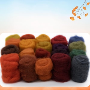 Op de afbeelding: Een verzameling kleurrijke wolvlies in verschillende tinten oranje, rood, geel, groen, blauw en paars. De wol is gerangschikt in kleine, opgerolde bundels, perfect voor textielkunstprojecten zoals naaldvilten of natvilten.