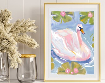 May include: A framed painting of a pink swan swimming in a pond with green lily pads and pink flowers. The background is a light blue color.