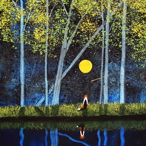 May include: A painting of a forest scene with a full moon and a lone figure sitting by a lake. The trees are painted in shades of blue and green, and the moon is a bright yellow. The figure is wearing a red shirt and is sitting with their back to the viewer.