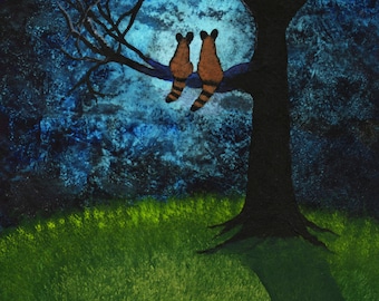 Raccoon Valentine Love Friendship Tree Moon Art PRINT Todd Young painting TOGETHER