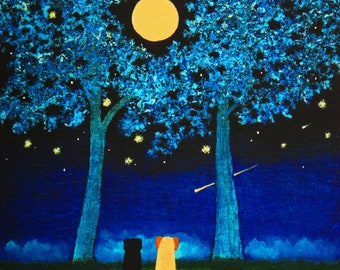 Black Yellow Lab Dog folk Art Print par Todd Young BLUE STARRY NIGHT