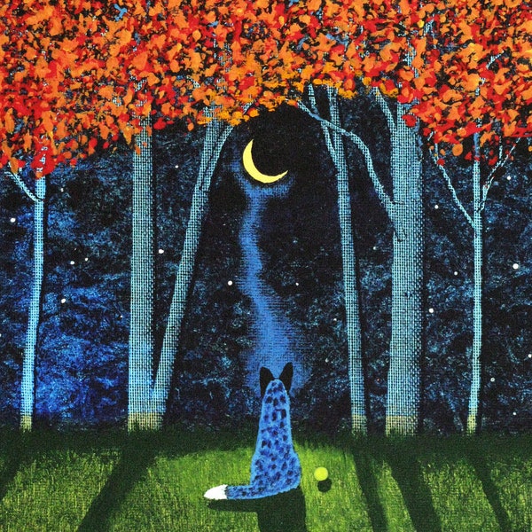 Australian Cattle Dog Fall Forest folk Art PRINT Todd Young painting AUTUMN MOON