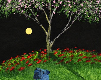 Kerry Blue Terrier Dog folk art PRINT of Todd Young painting CHERRY BLOSSOMS