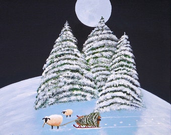 Winter Snow Small Mini Folk Art PRINT of Todd Young painting Christmas Sheep