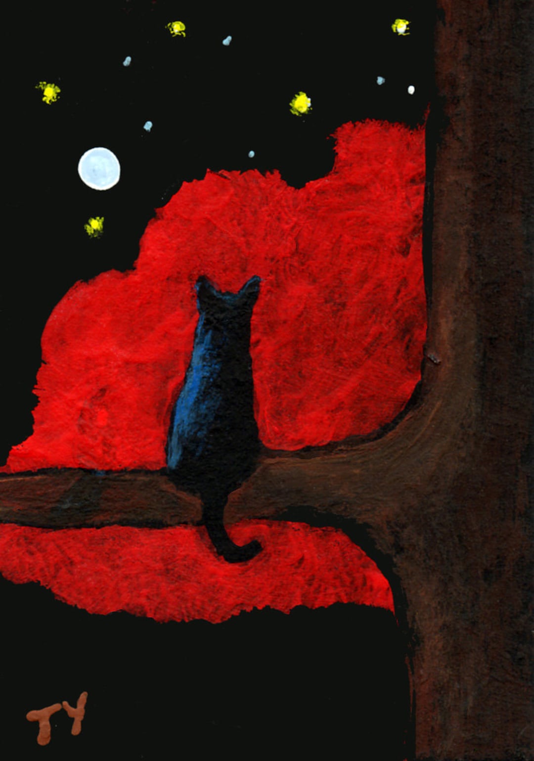 Black Cat Halloween Red Clouds ACEO MINI Art PRINT of Todd