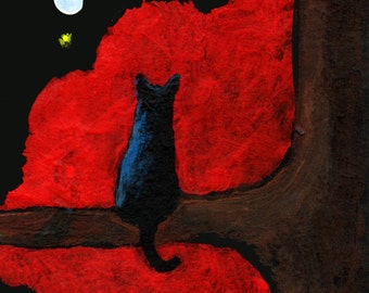Black Cat Halloween Red Clouds ACEO MINI Art PRINT of Todd Young painting