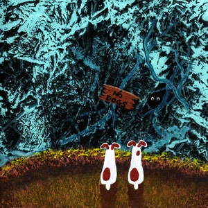 May include: Two white dogs with red spots stand in front of a dark blue and green background with a sign that reads "No Dogs".