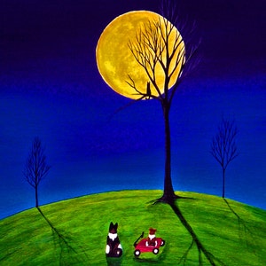 Akita Dog Puppy Outsider Folk Art PRINT of Todd Young painting MOON GAZERS image 2