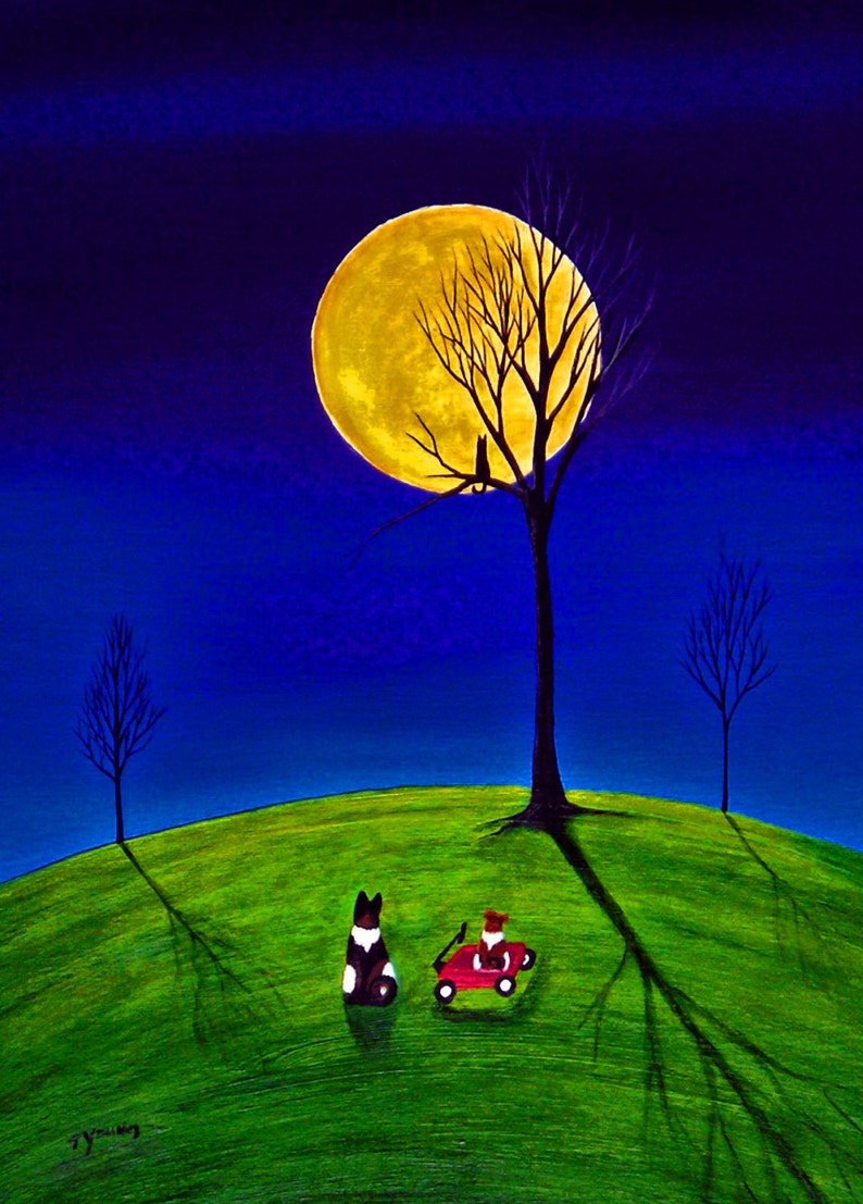 Akita Dog Puppy Outsider Folk Art PRINT of Todd Young painting MOON GAZERS image 2