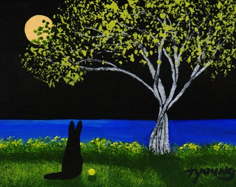 Black German Shepherd Dog seascape art Print of Todd Young painting FULL MOON