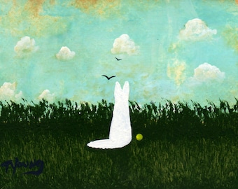 White German Shepherd Dog folk art PRINT of Todd Young painting SUMMER CLOUDS