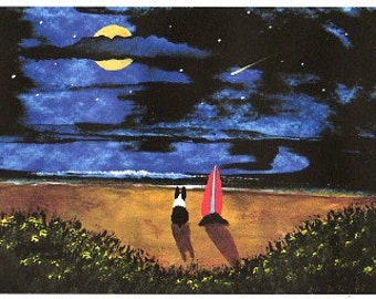 May include: Two black and white dogs stand on a sandy beach at night, looking up at a full moon and a shooting star. A red surfboard leans against the sand behind them.