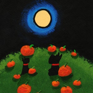 May include: Two black dogs with red collars sit in a field of green grass and orange pumpkins under a full moon. The moon is surrounded by a blue halo. The artist's signature, "Tyoung", is in the bottom left corner.
