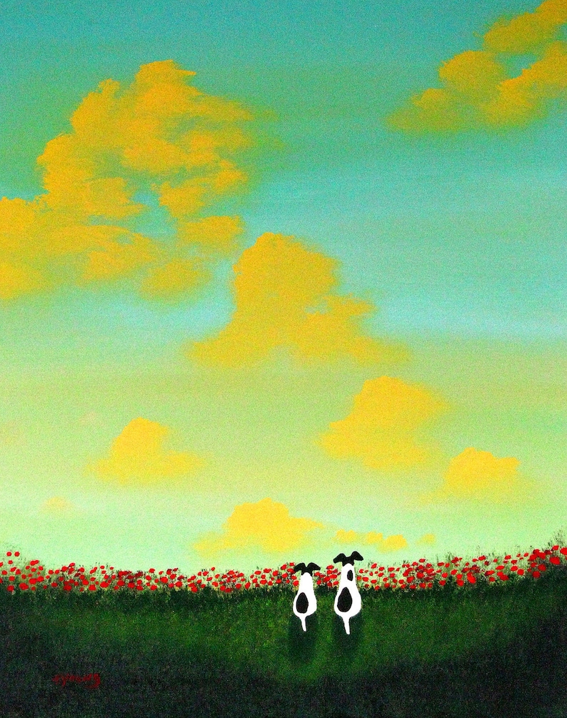 Peut inclure: Deux chiens noirs et blancs se tiennent dans un champ de coquelicots rouges sur fond de ciel bleu et jaune. Les chiens sont tourn&eacute;s dos au spectateur et regardent l'horizon.