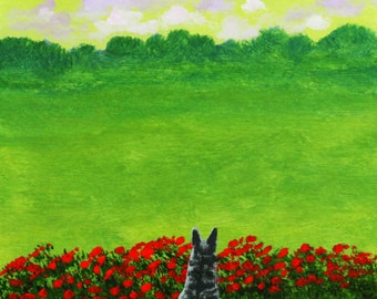 Grey Tabby Cat Outsider Folk Art print by Todd Young FRENCH POPPIES