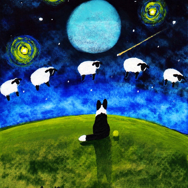 Border Collie Dog Large 8x10 Folk Art PRINT of Todd Young painting COUNTING SHEEP