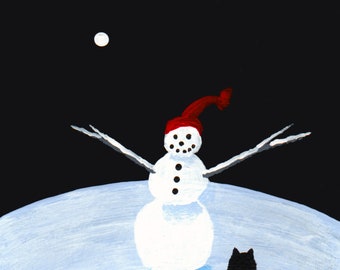 Schipperke Dog Winter Snow Folk art PRINT of Todd Young painting HAPPY SNOWMAN