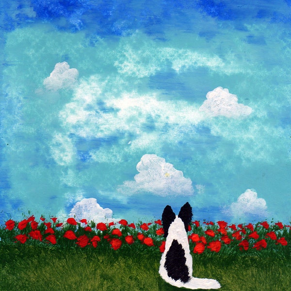 Black Papillon Dog art PRINT Todd Young painting Summer Poppies