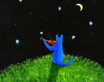 Russian Blue Cat Violin LARGE Art Print by Todd Young painting SERENADE